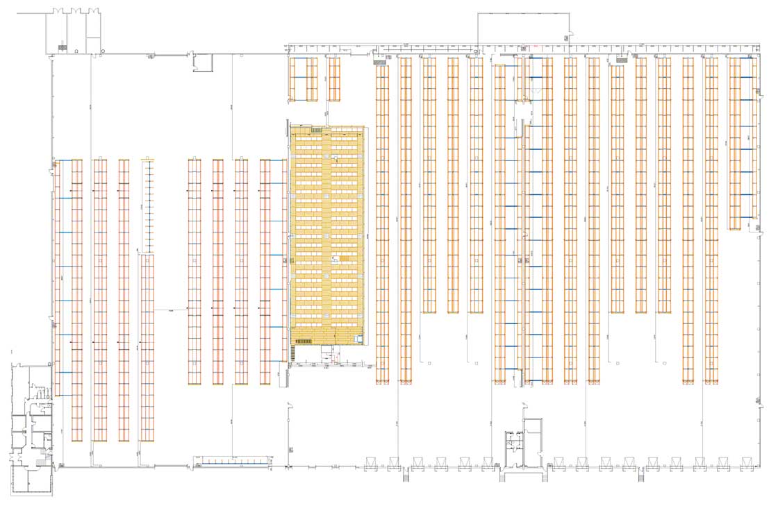 Plan d’un entrepôt sectorisé avec une zone de stockage, de picking et des rayonnages cantilever.