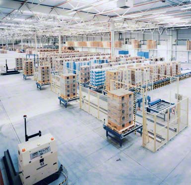 Zone de stockage tampon de commandes préparées dans la zone d'expédition, avec tri automatique