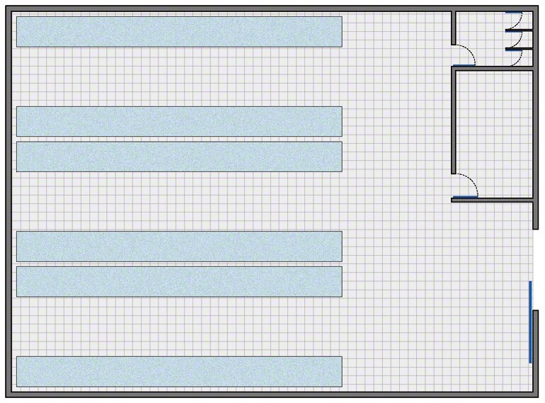 Entrepôt avec l’agencement le plus simple : zone de stockage, zone de gestion, vestiaires et toilettes pour le personnel.