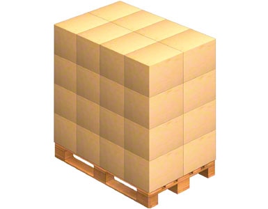 Une palette sur laquelle sont déposées les caisses d'emballage envoyées par le fournisseur. Ce dernier peut également livrer de la marchandise sur une palette (marchandise palettisée).