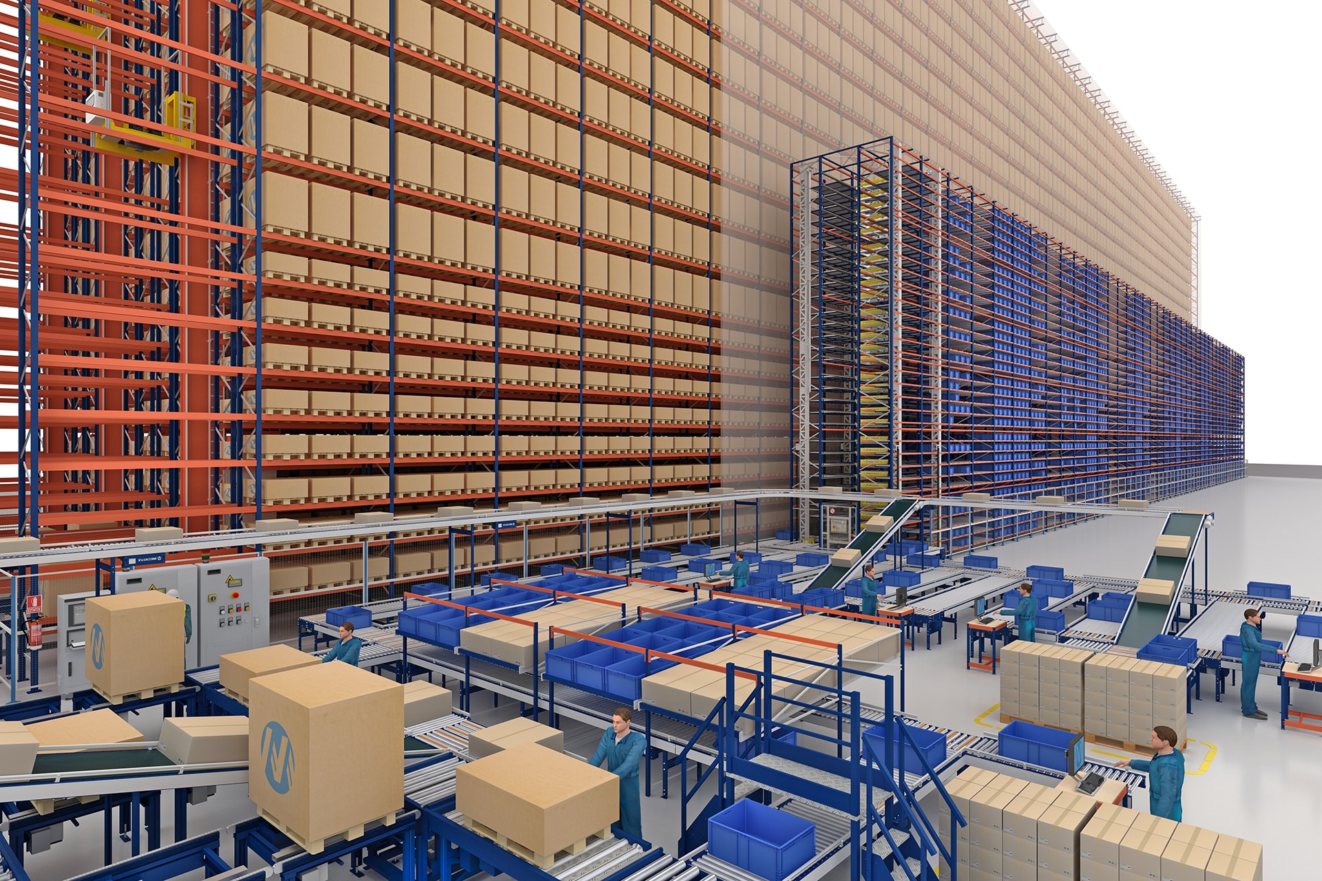 Dans une installation logistique, le système de navettes peut être combiné avec d’autres sytèmes de stockage
